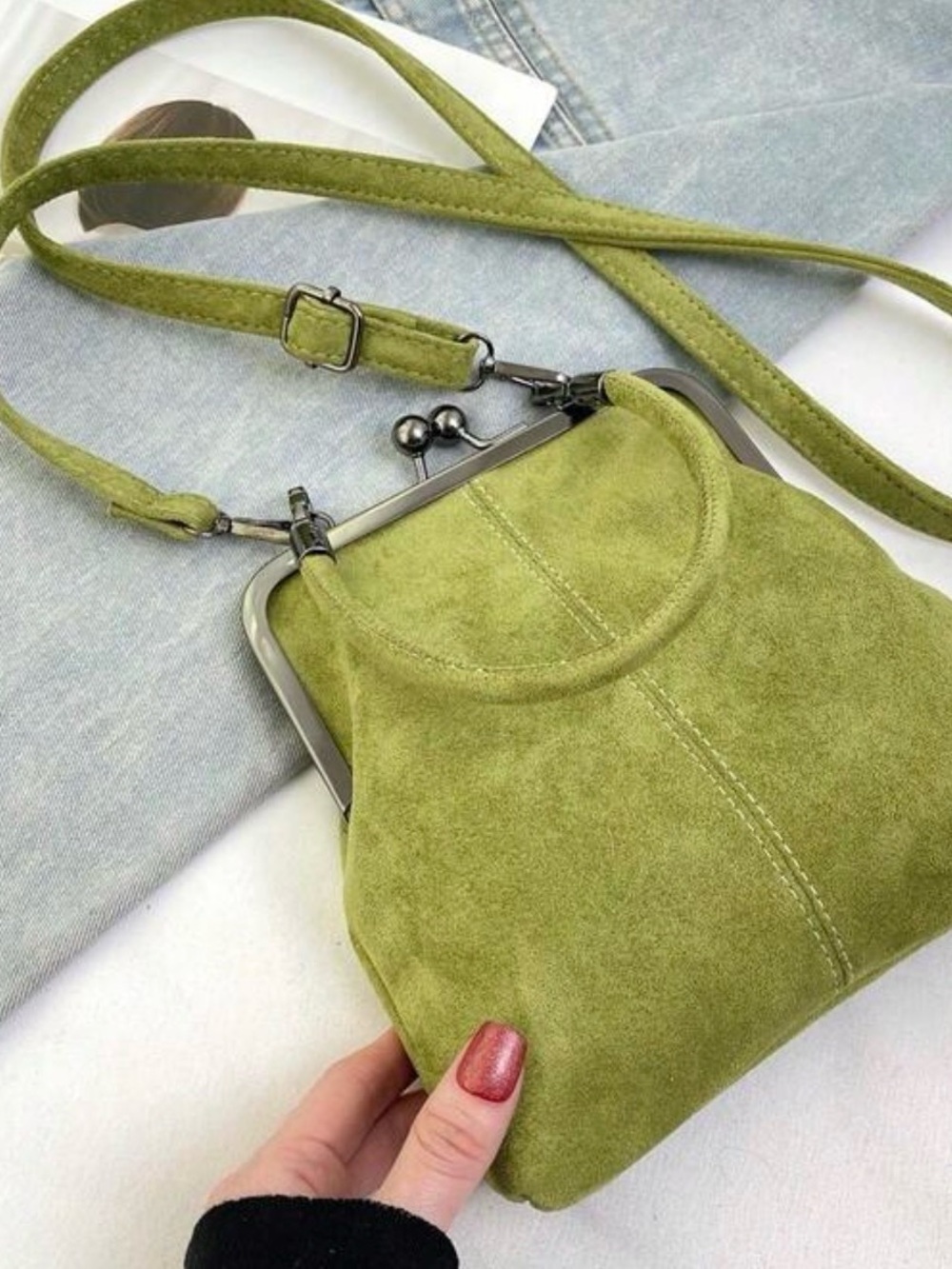 Olive Green Suede Kiss-Lock Crossbody Bag